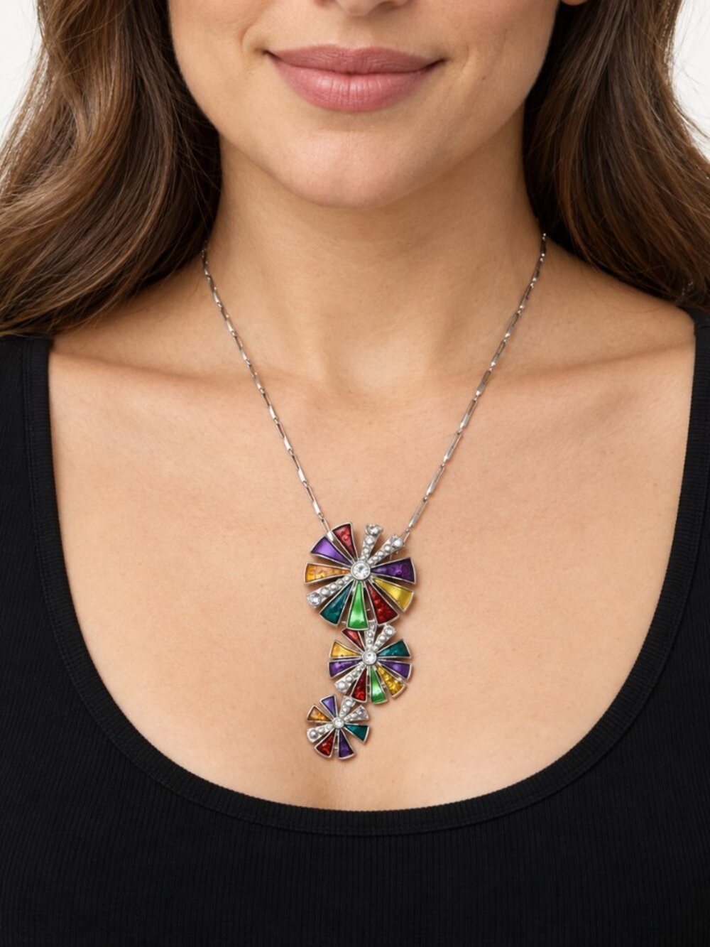 Multicolor Enamel Rhinestone‎ Triple Pinwheel Necklace 16 Inch Whimsical Y2K